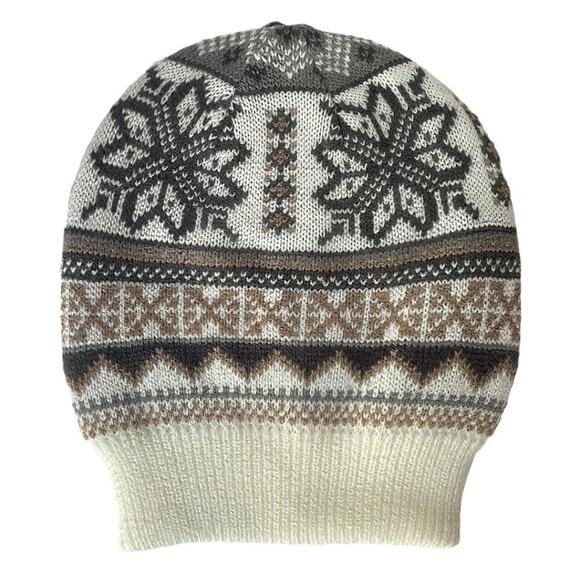 Muk Luks Women's White Brown Gray Fair Isle Snowflake Winter Beanie Hat OS - Picture 1 of 3